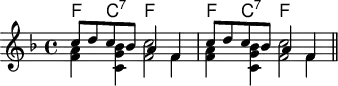 
\header { tagline = ##f }

% LilyPond doesn't easily want to align 4 voices, some with different lengths.
% So we create a print score, using 2 voices with some chords, and a MIDI score of 4 voices.
global = { \key f \major \time 4/4 }
firstP  = \relative c'' { \global \repeat unfold 2 { \stemUp c8 d c bes a4 f } \bar "||" }
secondP = \relative c'' { \global \repeat unfold 2 { \stemDown <a f>4 <bes g c,>  <c f,>2 } }
thirdP  = \relative c'  { \global \repeat unfold 2 { \stemDown s2. f4 } }

first  = \relative c'  { \global \repeat unfold 2 { f4\fff g a f } }
second = \relative c'' { \global \repeat unfold 2 { a4 bes c2 } }
third  = \relative c'' { \global \repeat unfold 2 { c8 d c bes a4 f } }
fourth = \relative c'  { \global \repeat unfold 2 { f4\pppp c f2 } }

kords = \chordmode { \repeat unfold 2 { f4 c:7 f2 } }

\score {
  <<
    \new ChordNames { \kords }
    \new Staff << \firstP \\ \secondP \\ \thirdP >>
  >>
  \layout { }
}

% The MIDI part plays the 4 voices, but not the chords.
\score {
  <<
    \new Staff \with { midiInstrument = "trumpet" } \new Voice \first
    \new Staff \with { midiInstrument = "violin"  } \new Voice \second
    \new Staff \with { midiInstrument = "celesta" } \new Voice \third
    \new Staff \with { midiInstrument = "tuba"    } \new Voice \fourth
  >>
  \midi { \tempo 4=102 }
}
