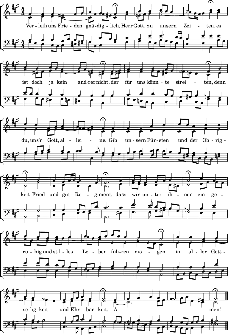 \header { tagline = " " }
\layout { indent = 0 \context { \Score \remove "Bar_number_engraver" } }
global = { \transposition b \key fis \minor \numericTimeSignature \time 4/4 \set Score.tempoHideNote = ##t \set Timing.beamExceptions = #'() }
\score {
\new ChoirStaff <<
\new Staff
<<
\new Voice = "soprano" { \voiceOne
\relative c' { \global
\partial 4 fis4 |
fis fis eis fis8 gis | a4 gis fis\fermata a |
b b cis8 b a4 | b2 cis4\fermata cis |
cis b cis8 b a4 | b8 a gis4 fis\fermata fis8 gis |
a4 a b a8 gis | fis2 fis4\fermata b |
cis b fis8 gis a4 | gis8 fis gis4 fis4\fermata fis |
fis e a b | cis8 b a4 b b |
cis2\fermata d | cis4 b8 cis16 d b4. a8 |
a2.\fermata cis4 | cis8 b a4 b8 cis d4 |
cis2\fermata e4 cis | d cis8 b cis4 cis |
d cis8 d e d cis4 | b2 a2\fermata |
cis4 cis a b | a gis fis2 |
e4 fis8 gis a4 fis | fis2.\fermata e4 |
fis gis a gis | fis2. eis4 |
fis2.\fermata \bar "|."
}
}
\new Voice = "alto" { \voiceTwo
\relative c' { \global
\partial 4 cis4 |
d d cis2 ~ | cis8 fis fis eis cis4 fis |
e!8 fis gis4 a2 ~ | a8 gis16 fis gis4 a a |
a eis8 fis gis4 fis ~ | fis e! dis dis8 eis |
fis4 fis gis8 fis eis4 | fis8 e! d4 cis e |
e e d8 e fis4 ~ | fis eis cis cis |
cis cis d d | cis cis fis e |
e2 b' | e,4 fis e e |
e2. gis4 | a8 gis fis4 fis fis8 eis |
fis2 gis8 b b a | a gis a gis a b cis4 ~ |
cis8 b a4 e e | fis e8 d cis2 |
e4 e fis fis ~ | fis e e d |
cis d e d | d2. cis4 ~ |
cis2. d8 e | fis4 gis8 a d,4 cis |
cis2.
}
}
>>
\new Lyrics \lyricsto "soprano" {
Ver -- leih uns Frie -- den _ gnä -- dig -- lich,
Herr Gott, zu un -- _ sern Zei -- ten,
es ist doch ja _ kein and -- _ rer nicht,
der _ für uns könn -- te _ strei -- ten,
denn du, uns'r Gott, _ al -- lei -- _ _ ne.
Gib un -- sern Für -- sten und _ der Ob -- rig -- keit
Fried und gut _ _ Re -- gi -- ment,
dass wir _ un -- ter _ ih -- nen
ein ge -- ru -- hig und stil -- les
Le -- ben _ füh -- _ ren mö -- gen
in al -- ler Gott -- se -- lig -- keit
und Ehr -- _ _ bar -- keit.
A -- _ _ _ _ _ _ men!
}
\new Staff
<<
\clef bass
\new Voice = "tenor" { \voiceOne
\relative c' { \global
\partial 4 a4 |
a a gis8 b a gis | fis4 cis'8 b a4 cis |
b e e4. d16 cis | b4 e e e |
e8 d d4 cis cis | b b b b |
cis d d cis8 b | a ais b4 a gis |
a4 b8 cis d4 cis | cis4. b8 a4 a |
a gis fis gis | a8 gis a4 a gis |
a2 gis | a4 a a8 fis gis d' |
cis2. cis4 | fis4. e8 d cis b gis |
a!2 b4 e | e e8 d cis b a gis |
fis gis a4 b a | a gis e2 |
a4 a a d | cis b b2 |
gis4 a8 b cis4 b | a2. a8 gis |
fis4 b a b | a gis8 fis gis a b4 |
ais2.
}
}
\new Voice = "bass" { \voiceTwo
\relative c { \global
\partial 4 fis8 e |
d4 cis8 b cis4 dis8 eis | fis b, cis4 fis fis |
gis fis8 e a gis fis e | d4 e a, a'8 gis |
fis4 gis8 fis eis4 fis8 e | dis4 e b b' |
fis8 e d! cis b4 cis | d cis8 b fis'4 e |
a gis8 a b4 a8 b | cis4 cis, fis fis8 gis |
a b cis4 cis8 d cis b | a eis fis cis d b e4 |
a,2 b | cis4 d e e |
a,2. eis'4 | fis4. fis8 gis ais b4 |
fis2 e4 e | e e8 e e4 e |
e fis gis a | d, e a,2 |
a8 b cis a d cis d e | fis4 gis8 a b2 |
cis,4. b8 a4 b8 cis | d2. a'4 ~ |
a8 gis fis eis fis4 b,8 cis | d cis b a b4 cis |
fis2.
}
}
>>
>>
\layout { }
}
\score {
\new ChoirStaff <<
\new Staff \with { midiInstrument = "choir aahs" }
<<
\new Voice = "soprano" { \voiceOne
\relative c' { \global
\tempo 4=68
\partial 4 fis4 |
fis fis eis fis8 gis | \tempo 4=60 a4 \tempo 4=52 gis \tempo 4=34 fis8. r16 \tempo 4=68 a4 |
b b cis8 b a4 | \tempo 4=60 b2 \tempo 4=34 cis8. r16 \tempo 4=68 cis4 |
cis b cis8 b a4 | \tempo 4=60 b8 a \tempo 4=52 gis4 \tempo 4=34 fis8. r16 \tempo 4=68 fis8 gis |
a4 a b a8 gis | \tempo 4=60 fis2 \tempo 4=34 fis8. r16 \tempo 4=68 b4 |
cis b fis8 gis a4 | \tempo 4=60 gis8 fis \tempo 4=52 gis4 \tempo 4=34 fis8. r16 \tempo 4=68 fis4 |
fis e a b | cis8 b a4 \tempo 4=60 b \tempo 4=52 b |
cis4. r8 \tempo 4=68 d2 | cis4 b8 cis16 d \tempo 4=60 b4. a8 |
a2 r4 \tempo 4=68 cis4 | cis8 b a4 \tempo 4=60 b8 cis \tempo 4=52 d4 |
cis4. r8 \tempo 4=68 e4 cis | d cis8 b cis4 cis |
d cis8 d e d cis4 | \tempo 4=60 b2 \tempo 4=52 a4. r8 |
\tempo 4=68 cis4 cis a b | \tempo 4=60 a \tempo 4=52 gis fis4. r8 |
\tempo 4=68 e4 fis8 gis \tempo 4=60 a4 \tempo 4=52 fis | fis2 r4 \tempo 4=68 e4 |
fis gis a gis | \tempo 4=60 fis2. \tempo 4=36 eis4 |
fis2. r
}
}
\new Voice = "alto" { \voiceTwo
\relative c' { \global
\partial 4 cis4 |
d d cis2 ~ | cis8 fis fis eis cis8. r16 fis4 |
e!8 fis gis4 a2 ~ | a8 gis16 fis \tempo 4=52 gis4 a8. r16 a4 |
a eis8 fis gis4 fis ~ | fis e! dis8. r16 dis8 eis |
fis4 fis gis8 fis eis4 | fis8 e! \tempo 4=52 d4 cis8. r16 e4 |
e e d8 e fis4 ~ | fis eis cis8. r16 cis4 |
cis cis d d | cis cis fis e |
e4. r8 b'2 | e,4 fis e \tempo 4=52 e |
e2 r4 gis4 | a8 gis fis4 fis fis8 eis |
fis4. r8 gis8 b b a | a gis a gis a b cis4 ~ |
cis8 b a4 e e | fis \tempo 4=52 e8 d cis4. r8 |
e4 e fis fis ~ | fis e e d8. r16 |
cis4 d e d | d2 r4 cis4 ~ |
cis2. d8 e | fis4 \tempo 4=52 gis8 a \tempo 4=44 d,4 cis |
cis2. r
}
}
>>
\new Staff \with { midiInstrument = "choir aahs" }
<<
\clef bass
\new Voice = "tenor" { \voiceOne
\relative c' { \global
\partial 4 a4 |
a a gis8 b a gis | fis4 cis'8 b a8. r16 cis4 |
b e e4. d16 cis | b4 e e8. r16 e4 |
e8 d d4 cis cis | b b b8. r16 b4 |
cis d d cis8 b | a ais b4 a8. r16 gis4 |
a4 b8 cis d4 cis | cis4. b8 a8. r16 a4 |
a gis fis gis | a8 gis a4 a gis |
a4. r8 gis2 | a4 a a8 fis gis d' |
cis2 r4 cis4 | fis4. e8 d cis b gis |
a!4. r8 b4 e | e e8 d cis b a gis |
fis gis a4 b a | a gis e4. r8 |
a4 a a d | cis b b4. r8 |
gis4 a8 b cis4 b | a2 r4 a8 gis |
fis4 b a b | a gis8 fis gis a b4 |
ais2. r
}
}
\new Voice = "bass" { \voiceTwo
\relative c { \global
\partial 4 fis8 e |
d4 cis8 b cis4 dis8 eis | fis b, cis4 fis8. r16 fis4 |
gis fis8 e a gis fis e | d4 e a,8. r16 a'8 gis |
fis4 gis8 fis eis4 fis8 e | dis4 e b8. r16 b'4 |
fis8 e d! cis b4 cis | d cis8 b fis'8. r16 e4 |
a gis8 a b4 a8 b | cis4 cis, fis8. r16 fis8 gis |
a b cis4 cis8 d cis b | a eis fis cis d b e4 |
a,4. r8 b2 | cis4 d e e |
a,2 r4 eis'4 | fis4. fis8 gis ais b4 |
fis4. r8 e4 e | e e8 e e4 e |
e fis gis a | d, e a,4. r8 |
a8 b cis a d cis d e | fis4 gis8 a b4. r8 |
cis,4. b8 a4 b8 cis | d2 r4 a'4 ~ |
a8 gis fis eis fis4 b,8 cis | d cis b a b4 cis |
fis2. r
}
}
>>
>>
\midi { }
}