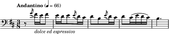 
\relative d{
   \tempo \markup "Andantino" 4 = 66
   \set Staff.midiInstrument = #"oboe"
   \clef bass
   \key b \minor
   \numericTimeSignature \time 3/8
    r8 \acciaccatura g'8 fis16_\markup{\italic "dolce ed espressivo"} e fis8
    e16 d e8 \acciaccatura e8 d16 cis
    d8 b \acciaccatura e8 d16 cis
    d8 cis16( e d cis)
    b4.(
}
