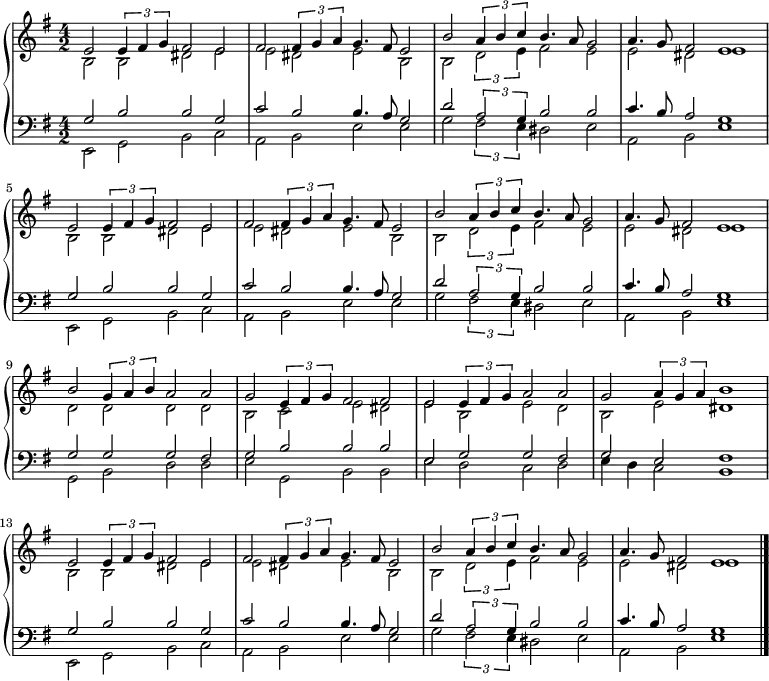 { \new PianoStaff <<
\new Staff <<
\new Voice \relative c' {\set Staff.midiInstrument = #"church organ" \set Score.tempoHideNote = ##t \tempo 4 = 130 \voiceOne \clef treble
\key e \minor
\time 4/2
\language "english"
e2 \times 2/3 {e4 fs g} fs2 e fs2 \times 2/3 {fs4 g a} g4. fs8 e2
b'2 \times 2/3 {a4 b c} b4. a8 g2 a4. g8 fs2 e1
e2 \times 2/3 {e4 fs g} fs2 e fs2 \times 2/3 {fs4 g a} g4. fs8 e2
b'2 \times 2/3 {a4 b c} b4. a8 g2 a4. g8 fs2 e1
b'2 \times 2/3 {g4 a b} a2 a g2 \times 2/3 {e4 fs g} fs2 fs
e2 \times 2/3 {e4 fs g} a2 a g2 \times 2/3 {a4 g a} b1
e,2 \times 2/3 {e4 fs g} fs2 e fs2 \times 2/3 {fs4 g a} g4. fs8 e2
b'2 \times 2/3 {a4 b c} b4. a8 g2 a4. g8 fs2 e1
\bar "|."
}
\new Voice \relative c' { \voiceTwo
b2 b ds e e ds e b
b \times 2/3 {d2 e4} fs2 e e ds e1
b2 b ds e e ds e b
b \times 2/3 {d2 e4} fs2 e e ds e1
d2 d d d b c e ds
e b e d b e ds1
b2 b ds e e ds e b
b \times 2/3 {d2 e4} fs2 e e ds e1
} >>
\new Staff <<
\new Voice \relative c' {\set Staff.midiInstrument = #"church organ" \clef bass \key e \minor \time 4/2 \voiceOne
g2 b b g c b b4. a8 g2
d' \times 2/3 {a2 g4} b2 b c4. b8 a2 g1
g2 b b g c b b4. a8 g2
d' \times 2/3 {a2 g4} b2 b c4. b8 a2 g1
g2 g g fs g b b b
e, g g fs g e fs1
g2 b b g c b b4. a8 g2
d' \times 2/3 {a2 g4} b2 b c4. b8 a2 g1
}
\new Voice \relative c { \voiceTwo
e,2 g b c a b e e
g \times 2/3 {fs2 e4} ds2 e a,2 b e1
e,2 g b c a b e e
g \times 2/3 {fs2 e4} ds2 e a,2 b e1
g,2 b d d e g, b b
e d c d e4 d c2 b1
e,2 g b c a b e e
g \times 2/3 {fs2 e4} ds2 e a,2 b e1
}
>> >> }