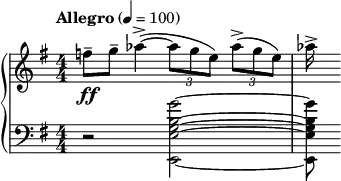 { \new PianoStaff << \new Staff \relative c'' { \clef treble \numericTimeSignature \time 4/4 \key e \minor \tempo "Allegro" 4 = 100 f8--\ff g-- aes4->(~ \times 2/3 { aes8 g e) } \times 2/3 { aes->( g e) } | aes16-> } \new Staff \relative c'' { \clef bass \numericTimeSignature \time 4/4 \key e \minor r2 < g b, g e e,>2~ | < g b, g e e,>8 } >> }