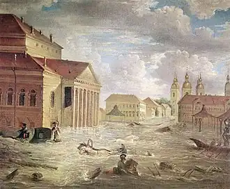 The Flood of 1824 in the square at the Bolshoi Kamenny Theatre (his last painting)