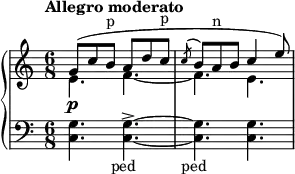 {
\new PianoStaff <<
\new Staff <<
\new Voice \relative c'' {
\tempo "Allegro moderato"
\clef treble \key c \major \time 6/8
\voiceOne g8( c b^\markup { p } a d c^\markup { p } \acciaccatura { c } b a^\markup { n } b c4 e8)
}
\new Voice \relative c' {
\voiceTwo e4.\p f~ f e
}
>>
\new Staff <<
\relative c {
\clef bass \key c \major \time 6/8
<c g'>4. <c g'>~->_\markup { \center-align { ped } } <c g'>_\markup { \center-align { ped } } <c g'>
}
>>
>> }