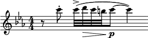  \relative c'' { \clef treble \key c \minor \numericTimeSignature \time 4/4 \set Staff.midiInstrument = #"flute" r8 c'-. c32(-> d\> c b\! c8\p~ c4) } \midi{\tempo 4 = 60}