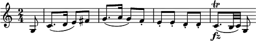 \relative a {
\key c \major
\time 2/4
\tempo ""
\tempo 4 = 60
\partial 8
g8
c8. (d16 e8) fis
g8. (a16 g8) f\staccato
e\staccato e\staccato d\staccato d\staccato
c8.\fz\trill (b32 c32) g8
}
