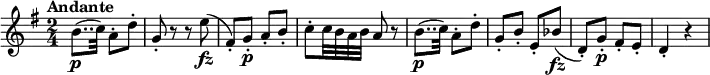 \relative a' {
\key g \major
\time 2/4
\tempo "Andante"
\tempo 4 = 55
b8..\p (c32) a8\staccato d\staccato
g,\staccato r8 r e'8\fz
(fis,)\staccato g\p\staccato a\staccato b\staccato
c\staccato c32 b a b a8 r8
b8..\p (c32) a8\staccato d\staccato
g,\staccato b8\staccato e,\staccato bes'8\fz
(d,)\staccato g\p\staccato fis\staccato e\staccato
d4\staccato r4
}