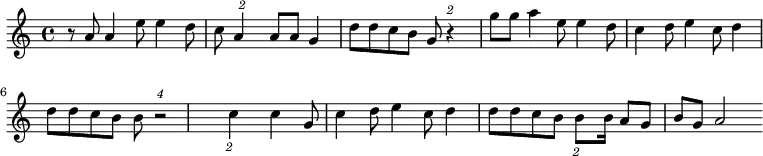 \relative c' {\clef treble
\key c \major
r8 a'8 a4 e'8 e4 d8 c8 \times 3/2 {a4} |
a8 a8 g4 d'8 d8 c8 b8 g8 \times 3/2 {r4} |
g'8 g8 a4 e8 e4 d8 c4 d8 e4 c8 d4 d8 d8 c8 b8 b8 \times 5/4 {r2} |
\times 3/2 {c4} c4 g8 c4 d8 e4 c8 d4 d8 d8 c8 b8 \times 3/2 {b8} | b16 a8 g8 b8 g8 a2
}