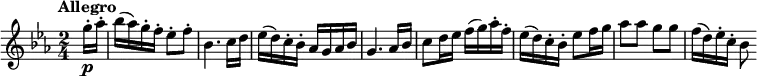 
 \relative c'' {
         \clef "treble" 
         \tempo "Allegro"
         \key ees \major
         \time 2/4 
         \tempo 4 = 120
     \partial 4 \partial 8   g'16-.\p aes-.
     bes (aes) g-. f-. ees8-. f-.
     bes,4. c16 d
     ees (d) c-. bes-. aes g aes bes
     g4. aes16 bes
     c8 d16 ees f (g) aes-. f-.
     ees (d) c-. bes-. ees8 f16 g
     aes8 aes g g
     f16 (d) ees-. c-. bes8
 }
