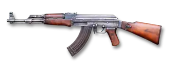 AK-47 assault rifle with curved magazine and wooden stock facing left