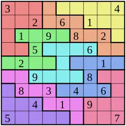 A Sudoku puzzle grid with many colors, with nine rows and nine columns that intersect at square spaces. Some of the spaces are filled with a digit; others are blank spaces to be solved.