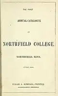 Scan of a page from a printed academic catalog, reading "The first annual catalogue of Northfield College, Northfield, Minn July 1868"