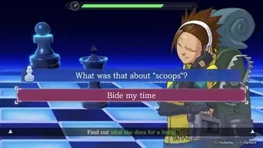 A screenshot from the "Mind Chess" mode: on the top screen, a character is shown standing in a blue-tinted chessboard landscape, with two large, black chess pieces floating in front of her. On the bottom screen, a timer and dialogue option buttons are displayed.