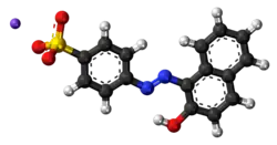 Ball-and-stick model of the component ions of acid orange 7