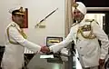 Admiral Robin K. Dhowan being congratulated by SPS Cheema after taking over as new Chief of Naval Staff