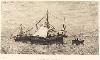 Two fishing boats and a small rowing boat. A coastline is seen in the far background.