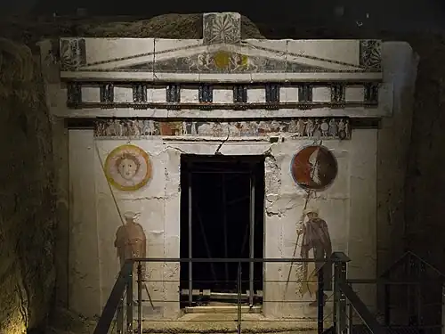 Facade of an ancient tomb at Agios Athanasios, c. 325–300 BC, Macedonia, Greece