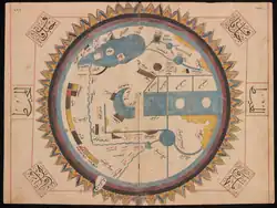 Geometric world map with Arabic text. The ocean encircles the rounded continents. Coast lines are largely straight lines including perfect circles and 90 degree angles