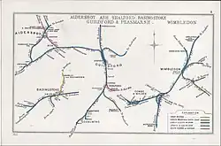 A 1912 Railway Clearing House map of lines around Godalming railway station