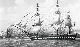 Portrait of Alexandre (1857) as a gunnery school ship, her engine removed after 1873. by François Roux.