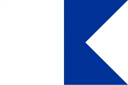 A drawing of a flag with white hoist and blue swallowtail fly