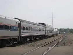Three of Amtrak's business cars on the back of the Blue Water in 2011: the Pacific Cape, Ocean View, and Beech Grove