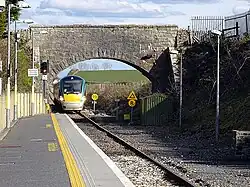 An InterCity train arriving at Manulla Junction station, heading for Westport, 13th April 2016