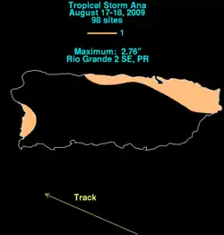 Map of rainfall in Puerto Rico. Only the eastern and western edges of the island have rainfall, denoted by areas colored in tan.