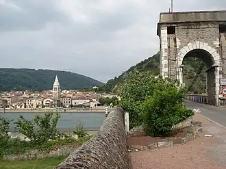 View of Andance from Andancette, across the Rhone River and the Marc Seguin Bridge