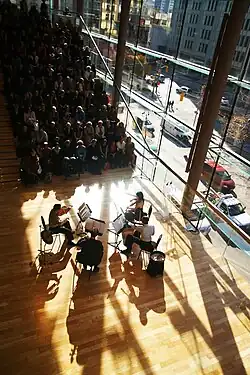 The Annex String Quartet performing in the Richard Bradshaw Amphitheatre at the Four Seasons Centre in Toronto.