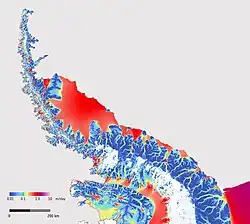 A map showing ice flow speed on the Antarctic Peninsula created from Sentinel-1A data