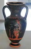 Etruscan pseudo red figure amphora from the Praxias group [de], which probably had their workshop in Vulci; draped youths on both sides; c.480/50 BC.
