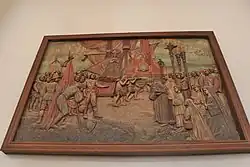 Bas-relief in painted wood depicting the first arrival of Our Lady of Peace and Good Voyage to the Philippines