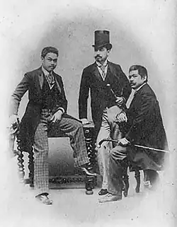 Ilocano Antonio Luna, Insular Criollo Eduardo de Lete (center) and Tagalog Marcelo H. del Pilar (seated, right), in Spain, 1890
