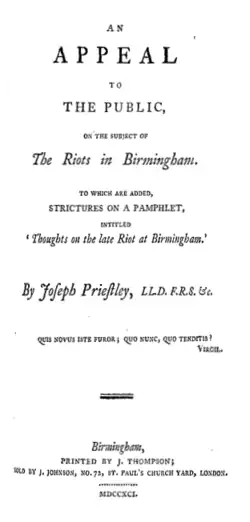 Title reads: "An Appeal to the Public, on the Subject of The Riots in Birmingham. To which are Added, Strictures on a Pamphlet, intitled 'Thoughts on the late Riot at Birmingham.' By Joseph Priestley"