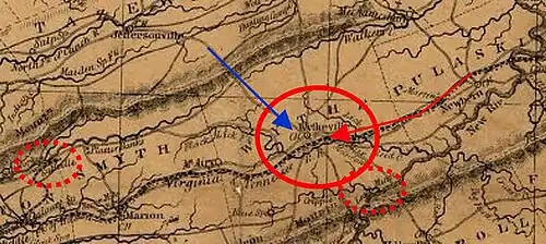 Old map showing Union approaching from north and rebels from east.