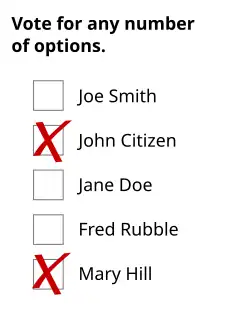 A theoretical ballot with the instructions "Vote for any number of options." Two choices are marked, three are not. There is no difference between the markings.