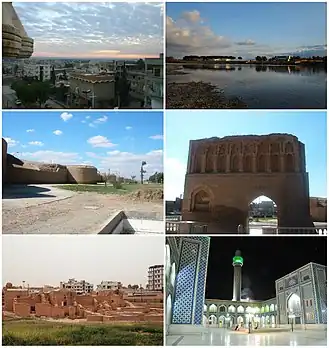 Raqqa skyline • The Euphrates Raqqa city walls • Baghdad gate Qasr al-Banat Castle • Uwais al-Qarni Mosque