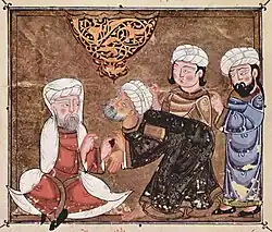 Abū Zayd pleads before the qāḍī of Ma'arra, Maqamat al-Hariri, (1334), Austrian National Library