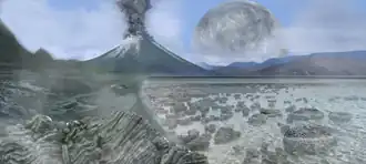 Image 55An artist's impression of the Archean, the eon after Earth's formation, featuring round stromatolites, which are early oxygen-producing forms of life from billions of years ago. After the Late Heavy Bombardment, Earth's crust had cooled, its water-rich barren surface is marked by continents and volcanoes, with the Moon still orbiting Earth half as far as it is today, appearing 2.8 times larger and producing strong tides. (from Earth)