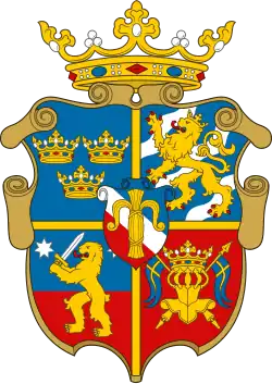Coat of arms of Prince John when he was the Duke of Finland 1556–1563, showing the two-pointed Swedish ensign in the lower right-hand quadrant.