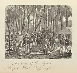'Arrival of the Mail, Myers Flat Diggings', a wood engraving print exhibited by the Commissioners of the International Exhibition in London in 1873.