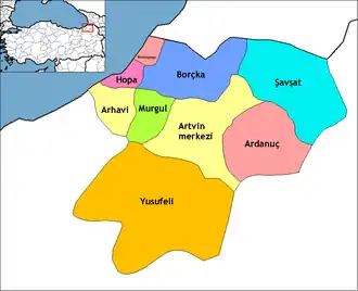 Map showing Yusufeli District in Artvin Province