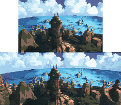 A panoramic production still from the film depicting two distant figures standing atop an Atlantean building tower while overlooking a city and a vast lake of water with clouds in the background.