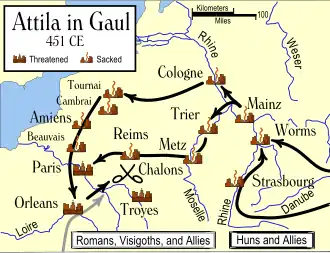 Map of Attila's invasion of Gaul in 451