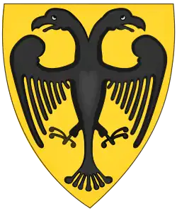 First depiction of the Reichsadler as a double-headed eagle (coat of arms of Otto IV from the Chronica Majora, c. 1250)