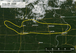 Animated satellite images in green, a large section of central Iowa is shown to have agricultural damage in the pictures taken after the derecho.