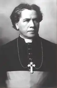 A man wearing a clerical collar and pectoral cross around his neck faces towards the right.