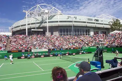 Image 1Margaret Court Arena at the Australian Open in 2005 prior to its redevelopment. Rod Laver Arena is in the background. (from Australian Open)