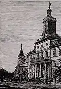 Lublin Town Hall (Polish: Lubelski ratusz); – (2022). Linocut on paper, 61 × 43 cm. Currently the town hall is a seat of the Historical Museum in Lubin, as well as the Governing Mayor and the City Council.