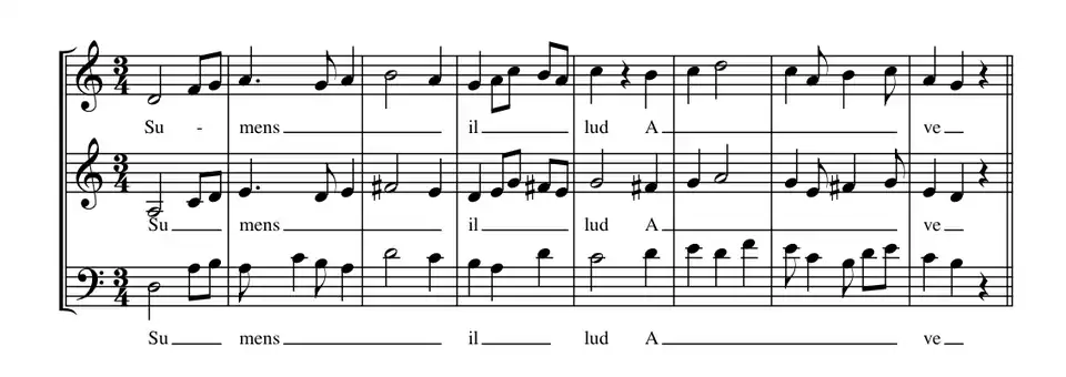 Image 17Portion of Du Fay's setting of Ave maris stella, in fauxbourdon. The top line is a paraphrase of the chant; the middle line, designated "fauxbourdon", (not written) follows the top line but exactly a perfect fourth below. The bottom line is often, but not always, a sixth below the top line; it is embellished, and reaches cadences on the octave.Play (from Renaissance music)